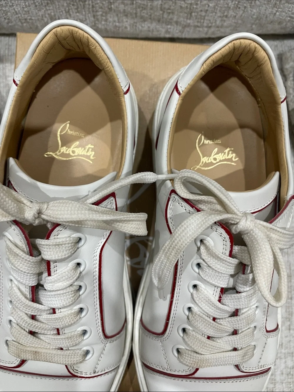 Christian Louboutin White Leather Low-Top Sneakers with Red Piping
